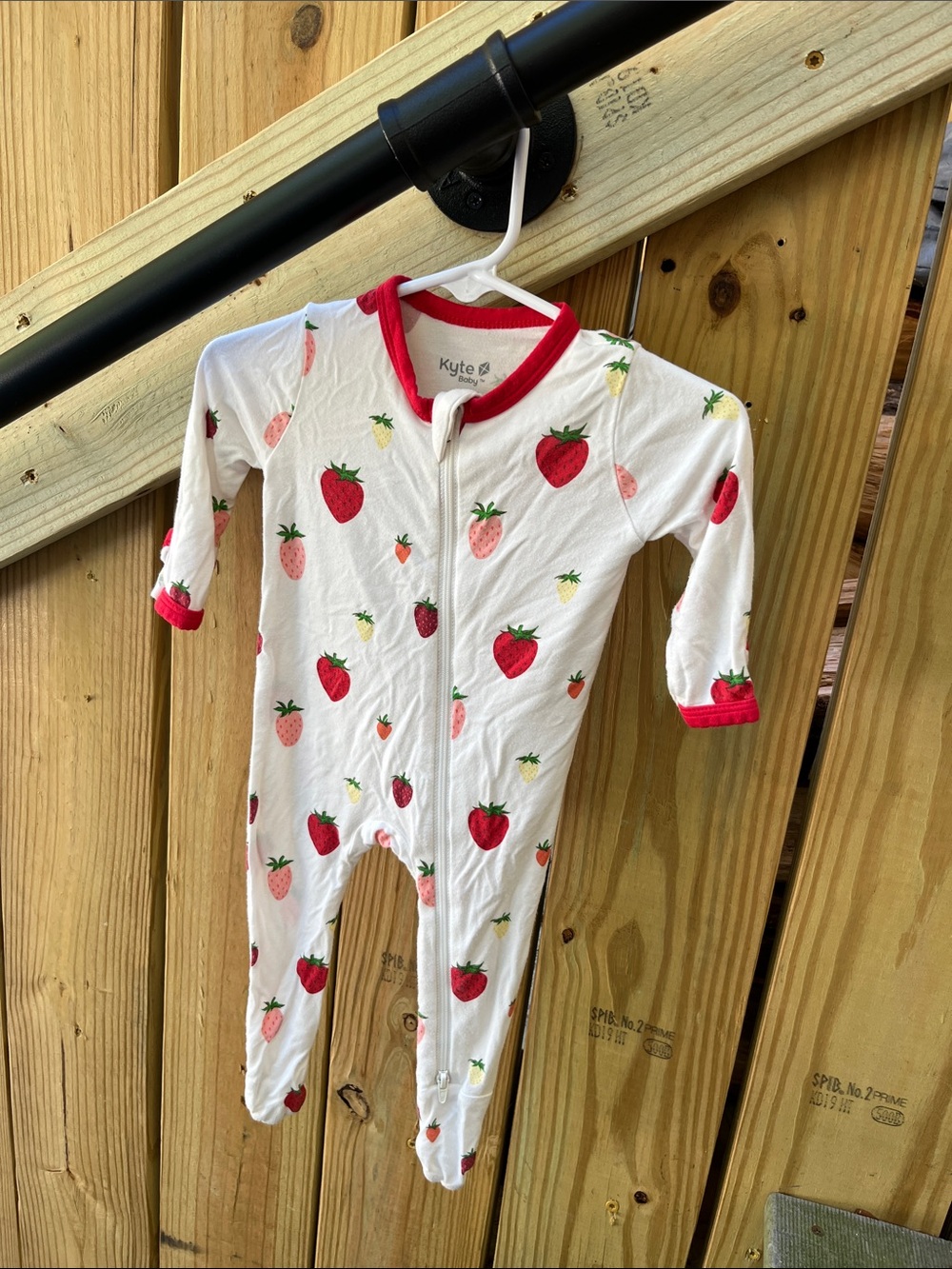Kyte BABY White Footie with Red Strawberry Print and Red Trim bamboo